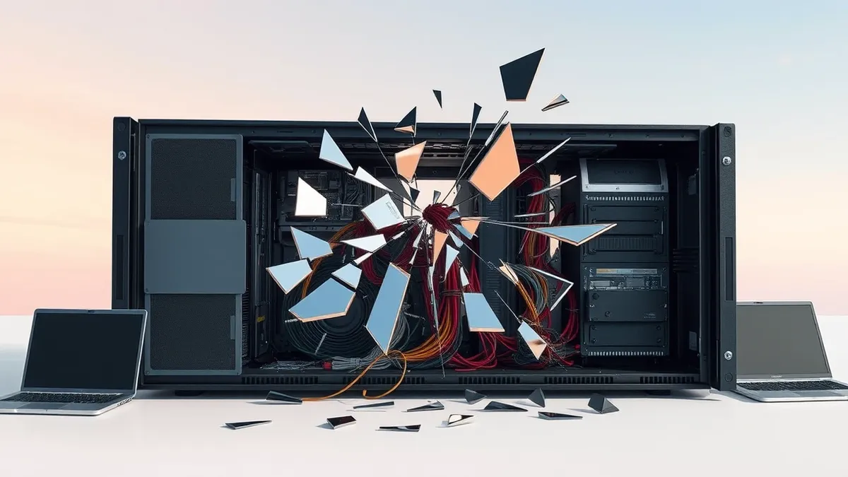 Illustration: A cracked server panel lies open, revealing tangled wires and exposed circuit boards inside.