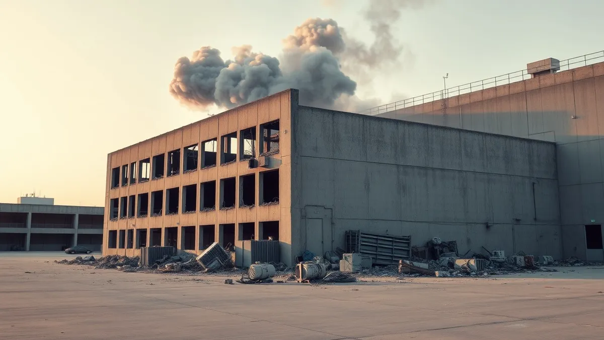 Illustration: A concrete industrial building with shattered windows and charred walls sits in a grey landscape.