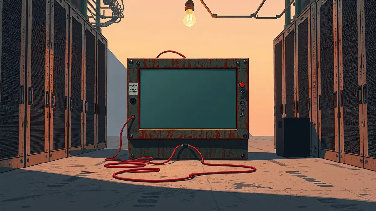 Illustration: A rusted industrial control panel sits in a dusty server room, its blank screen reflecting the harsh light of a single overhead bulb.
