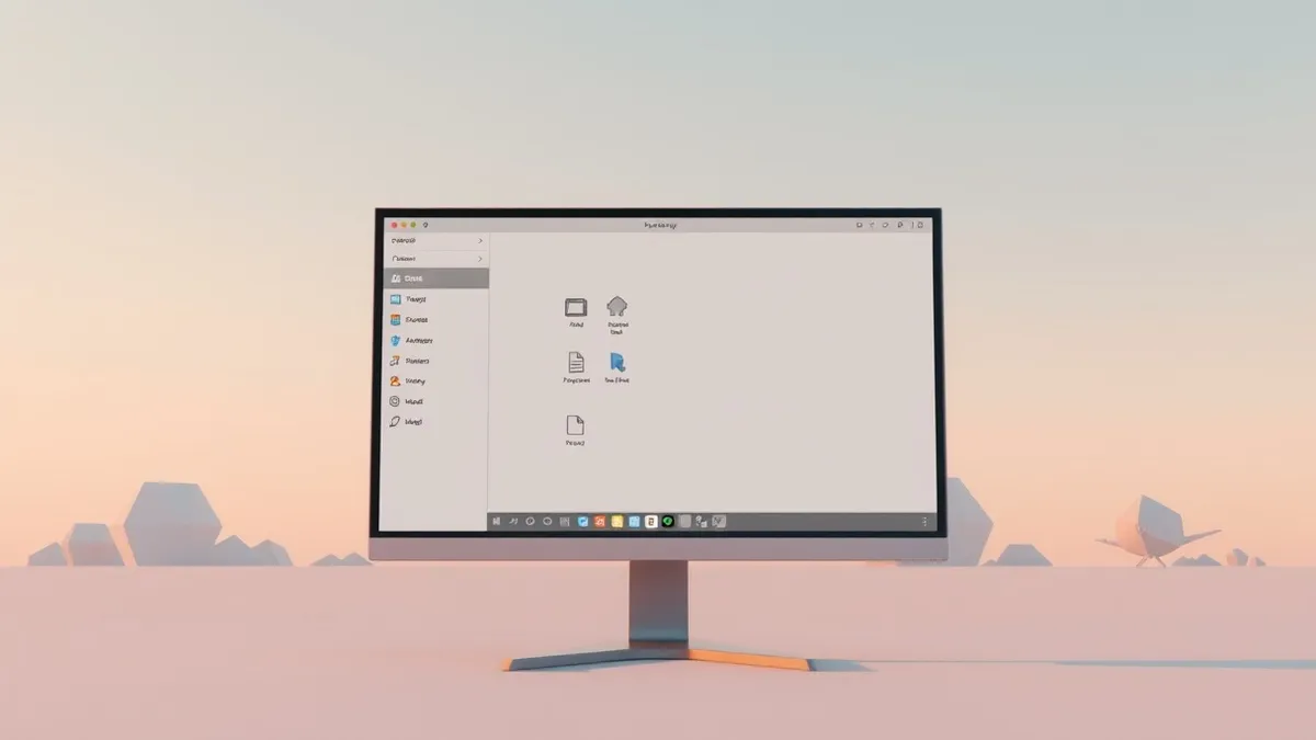 Illustration: A sleek desktop monitor displays a simplified system utility window with a sparse list of generic application icons.