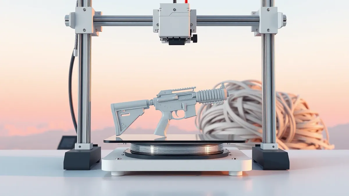 Illustration: A white 3D printer head moves steadily over a spool of filament, extruding the jagged plastic form of a crude firearm prototype.