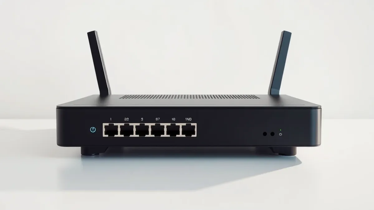 Illustration: A sleek black network router sits on a sterile white desk.