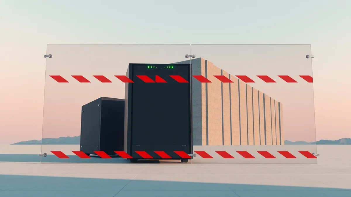 Illustration: A sleek black AI server unit sits behind a translucent barrier etched with red warning stripes.