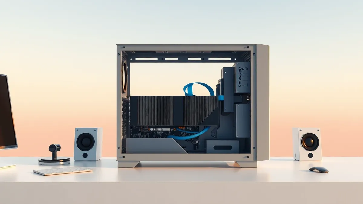 Illustration: An open metal computer case sits on a clean white desk, revealing a large graphics card mounted horizontally inside.