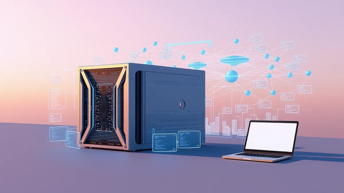 Illustration: A sleek, metallic quantum processing unit sits beside a complex network topology diagram.