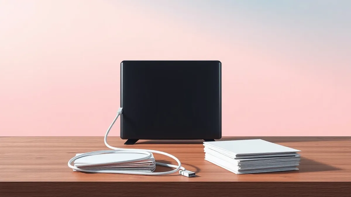 Illustration: A sleek network router sits on a wooden desk with a single white cable unplugged from its rear port, hanging loose in the air.