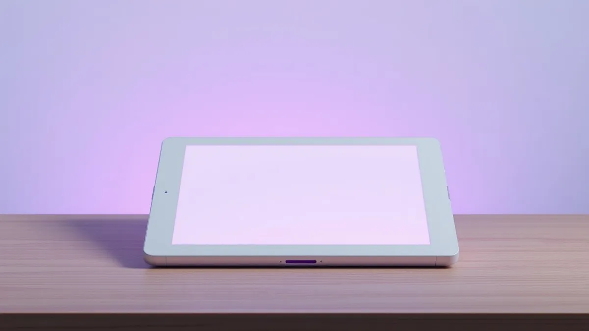 Illustration: A white e-reader lies flat on a wooden desk with its backlight on.