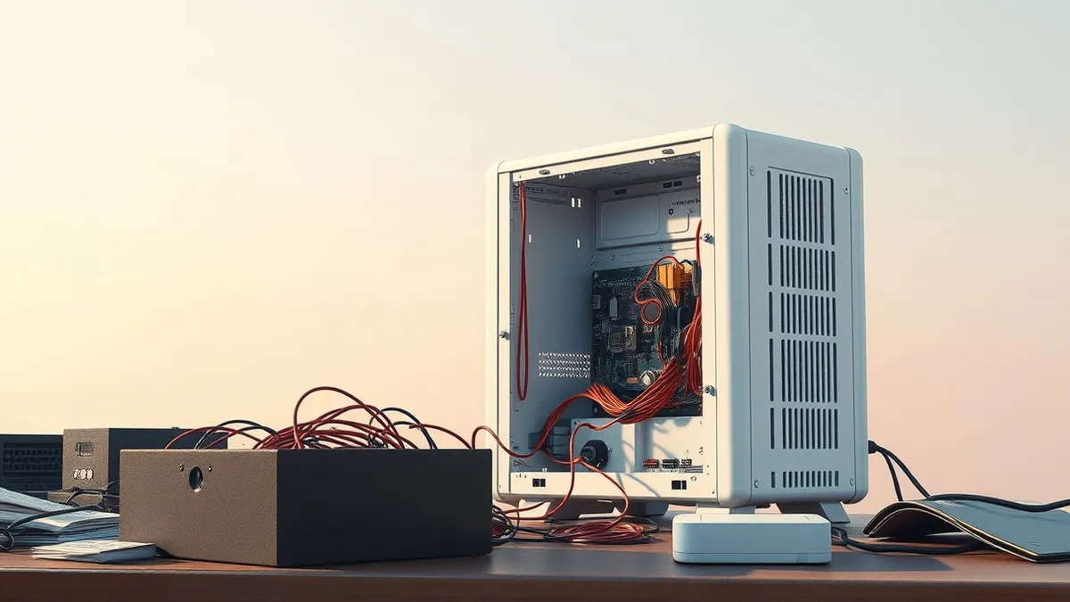 Illustration: A generic white web server sits alone on a cluttered desk, its side panel removed to reveal tangled wires and a small exposed circuit board.