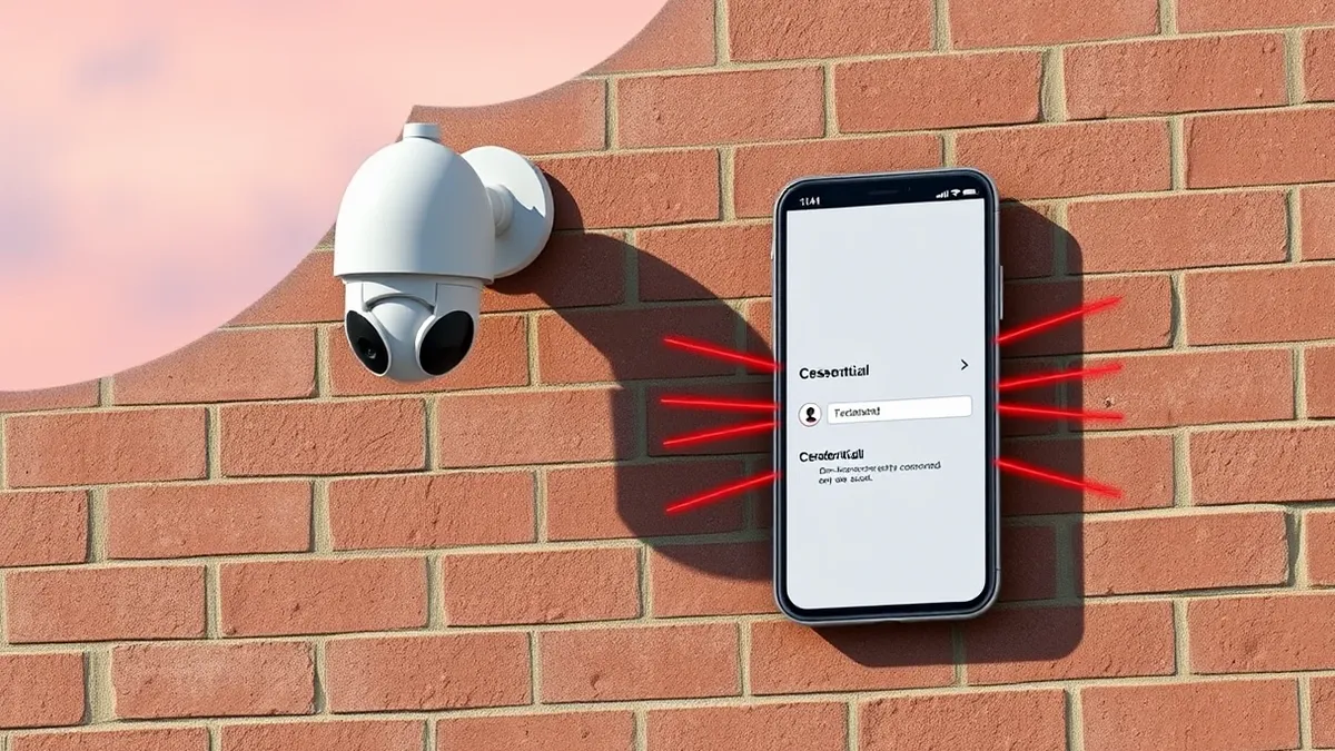 Illustration: A small white security camera hangs on a brick wall beside a blank smartphone displaying an abstract app interface.
