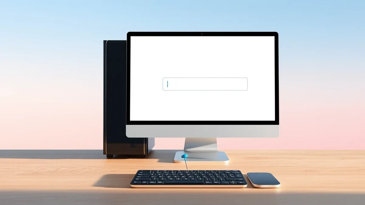 Illustration: A white computer monitor displays a blank desktop with an empty rectangular search bar at the bottom center.