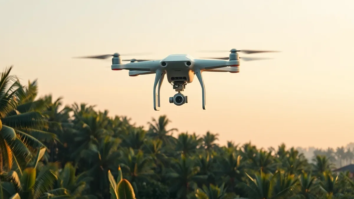 Illustration: A sleek white drone hovers silently above a dense tropical canopy, scanning the ground with invisible sensors.