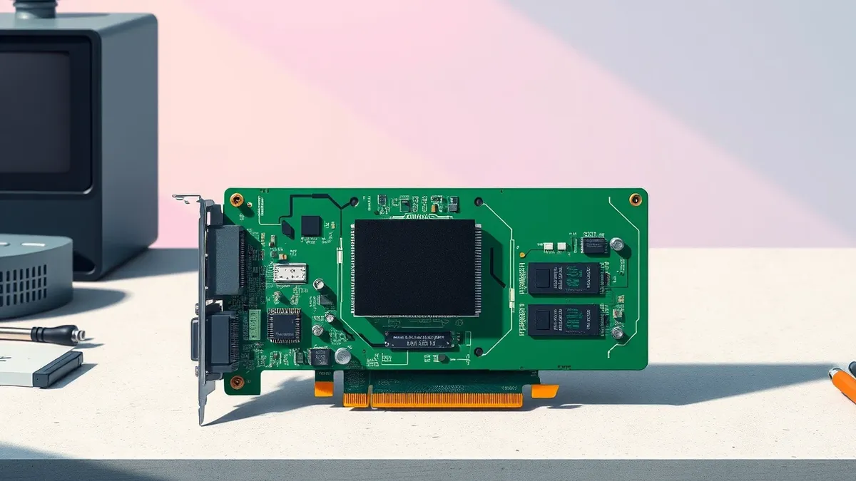 Illustration: A disassembled green graphics card rests on a workbench with its metal cover removed.