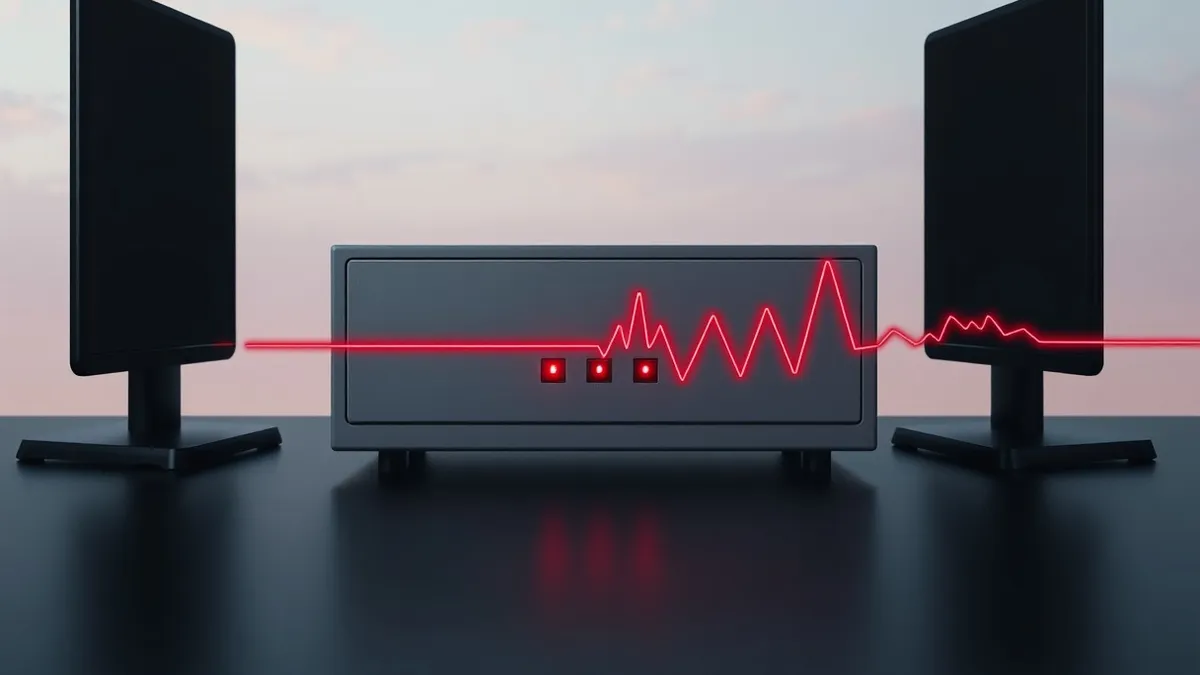 Illustration: A generic grey network firewall sits on a dark desk, its front panel showing three small blank status lights.