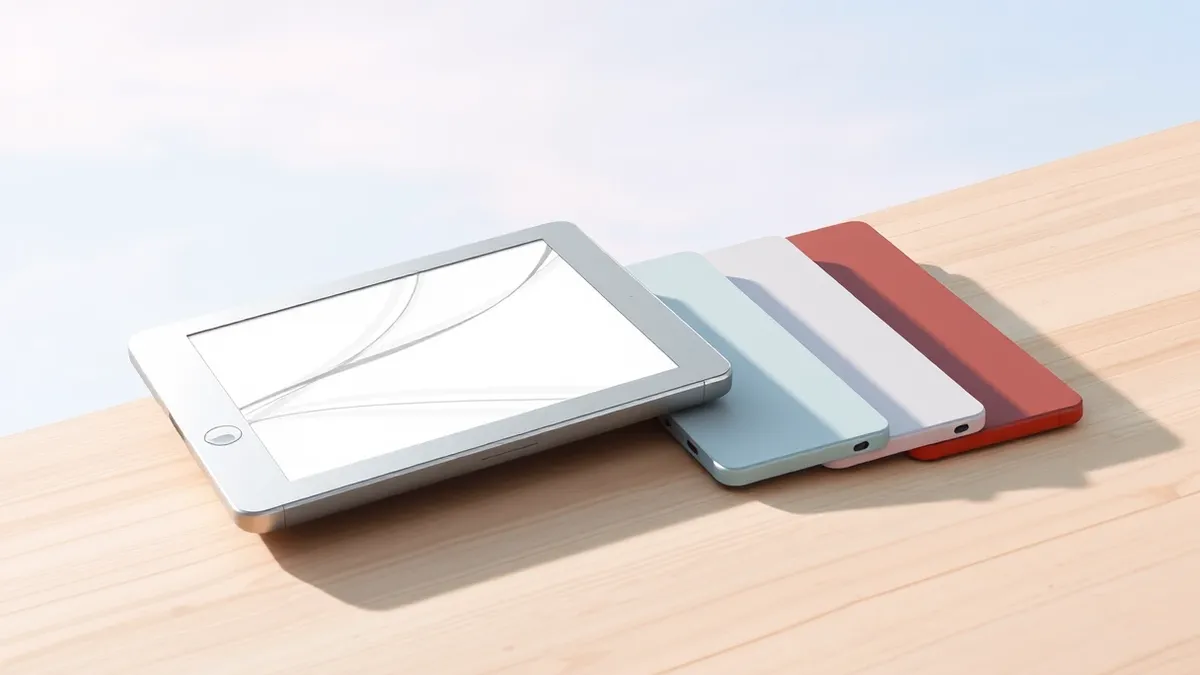 Illustration: A sleek aluminum e-reader rests on a smooth wooden surface, its matte silver back catching soft light.