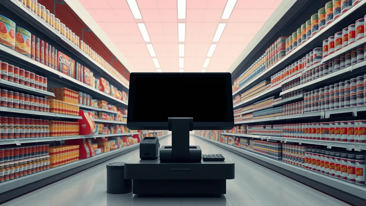 Illustration: A silent checkout counter sits empty in a brightly lit grocery aisle, its sleek black screen completely dark.