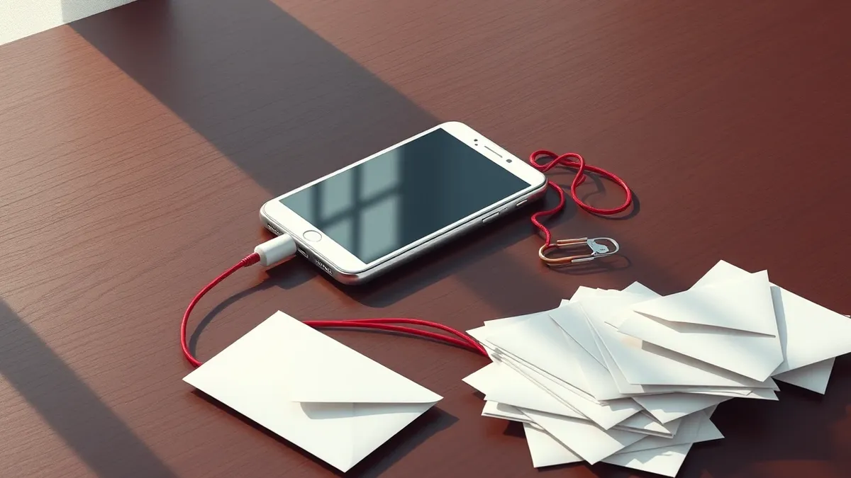 Illustration: A white smartphone rests on a dark wooden desk, its blank screen reflecting the room.