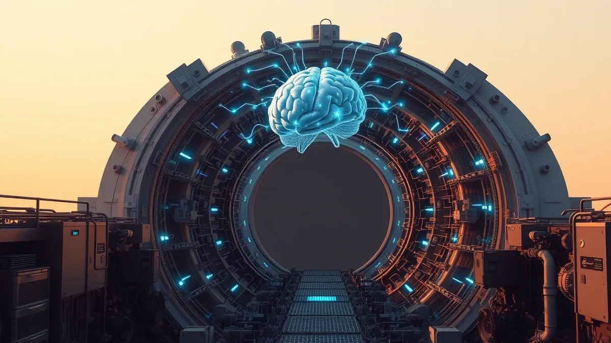 Illustration: A massive circular particle accelerator tunnel stretches into the darkness, its metallic walls lined with complex sensors and glowing blue data streams.
