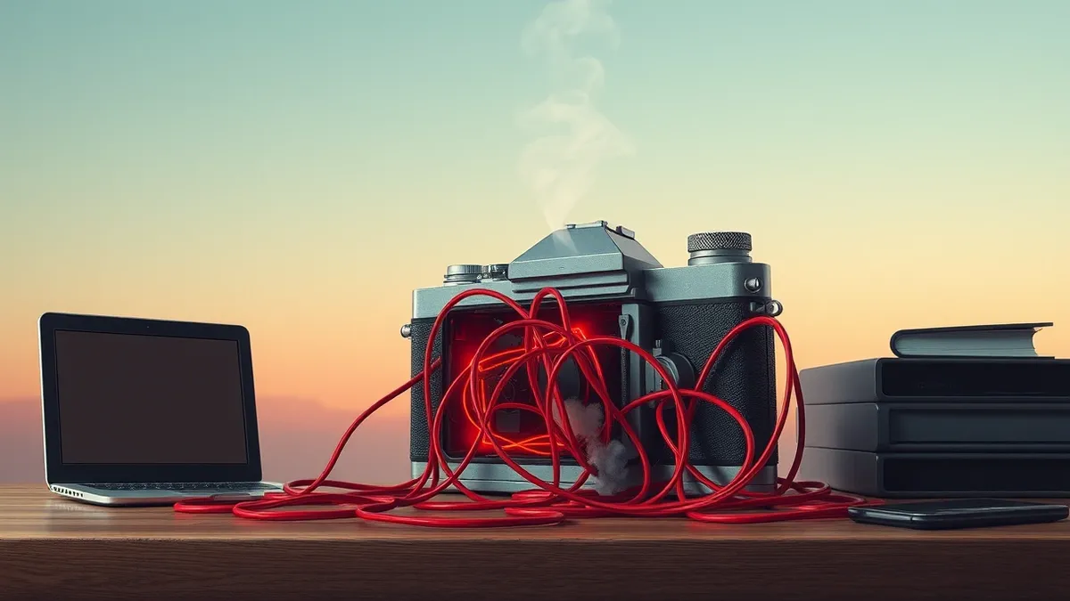 Illustration: A sleek vintage film camera sits on a wooden desk, its metal casing cracked open to reveal tangled, glowing red wires spilling out.