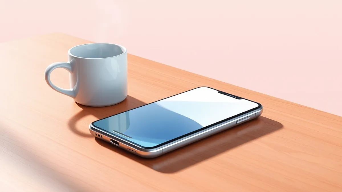 Illustration: A sleek silver smartphone rests on a polished wooden desk beside a steaming ceramic mug.