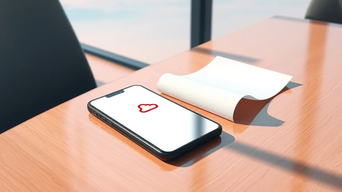Illustration: A sleek black smartphone rests on a polished wooden table, its screen displaying a single red error symbol inside a cloud icon.