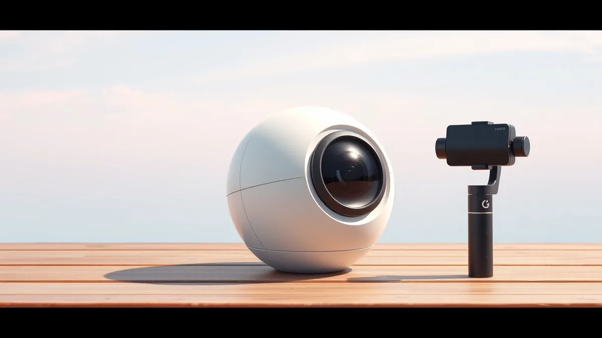 Illustration: A white spherical camera rests on a wooden table beside a small black handheld gimbal stabilizer.