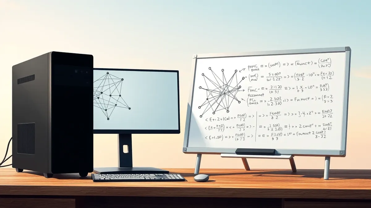 Illustration: A sleek black computer tower sits on a wooden desk, its single monitor displaying a complex web of interconnected geometric nodes.