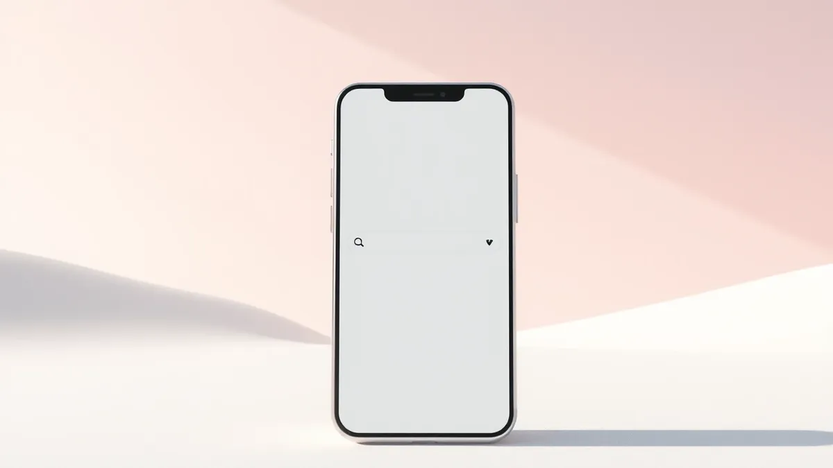 Illustration: A smartphone screen displays a clean, white search interface with a single conversational message bubble at the bottom.