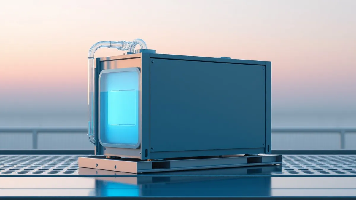 Illustration: A compact rectangular fuel cell unit sits on a metallic workbench, emitting a gentle blue glow from its core.