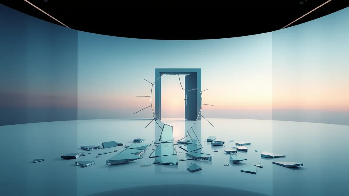 Illustration: A cracked glass shield lies shattered on the floor of a dark, abstract digital space.