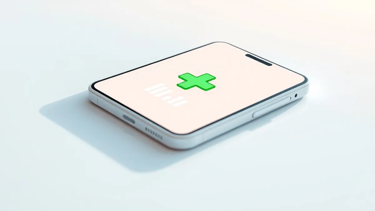 Illustration: A white smartphone rests on a clean surface, its screen displaying a bright green medical cross icon floating above abstract interface bars.