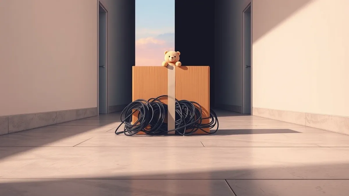 Illustration: A solitary cardboard box sits on a polished concrete floor, containing a tangled heap of server cables and a single plush toy.