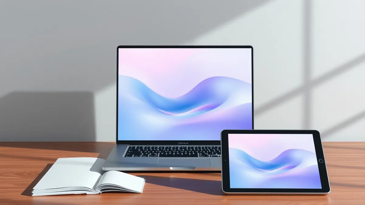 Illustration: A sleek laptop sits on a wooden desk with its screen displaying a soft, abstract gradient of blues and purples.