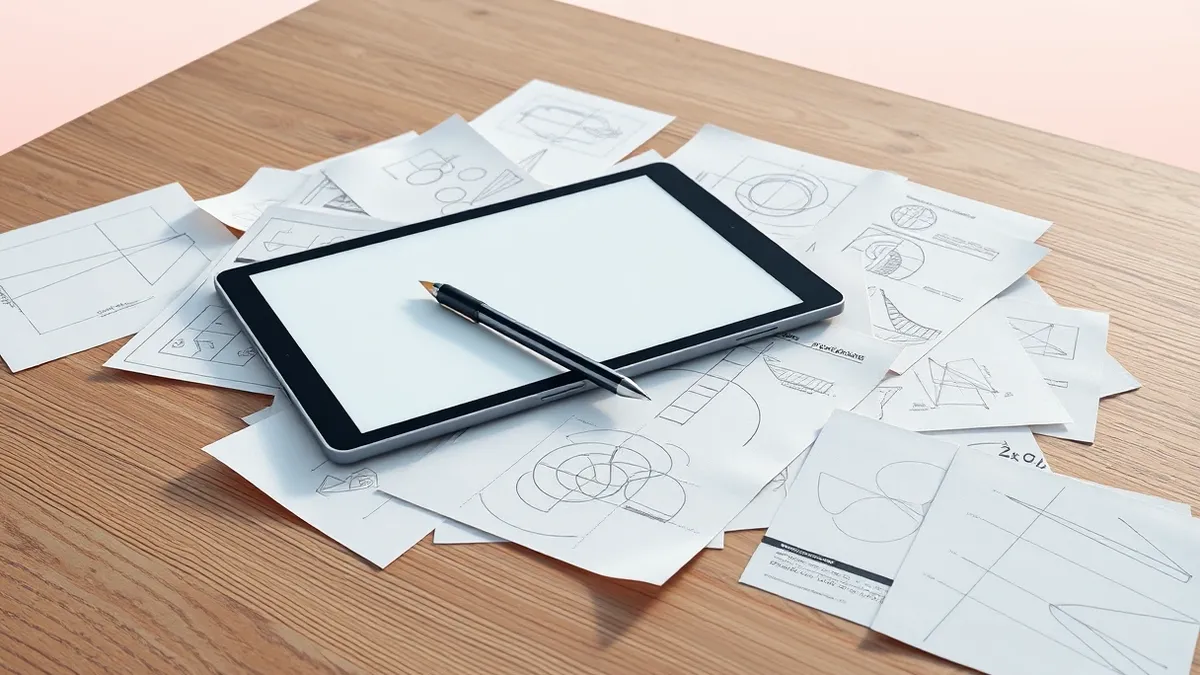 Illustration: A blank tablet rests on a wooden table beside a scattered pile of graph paper covered in abstract geometric sketches and curved lines.