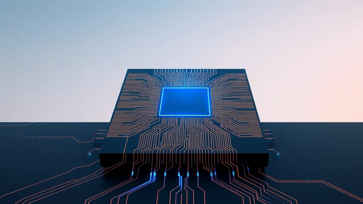Illustration: A large square silicon chip rests on a dark surface with intricate copper circuit lines radiating from its center.