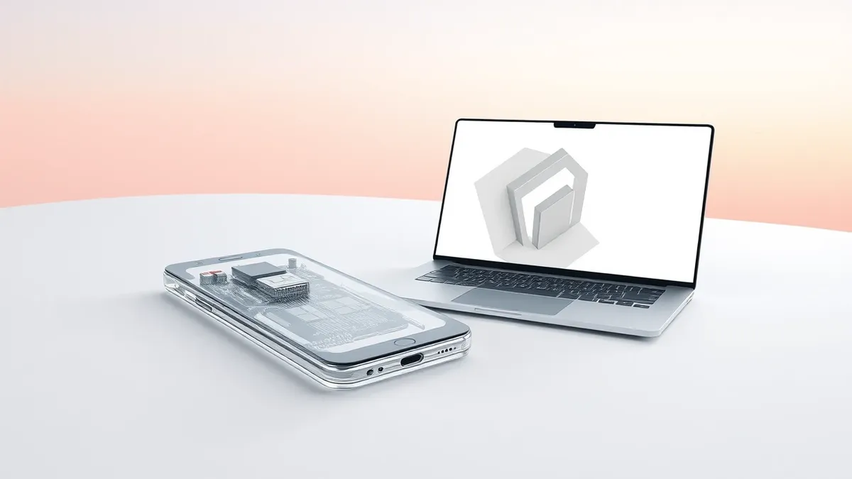 Illustration: A sleek transparent smartphone rests beside a thin laptop on a clean white surface.