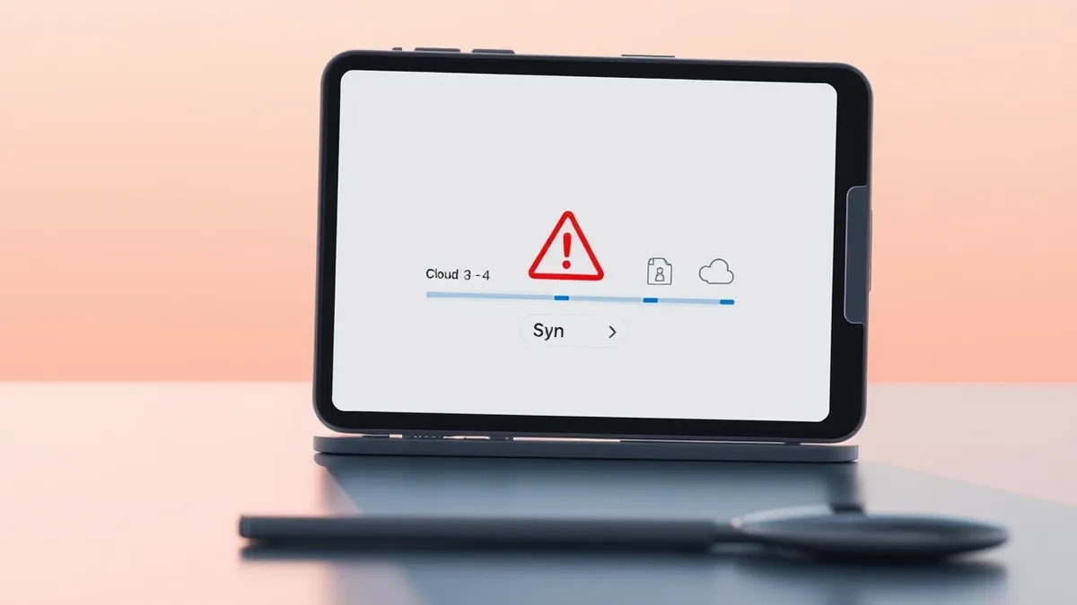 Illustration: A generic smartphone rests on a desk, its screen displaying a blank cloud synchronization interface with empty progress bars and abstract folder icons.