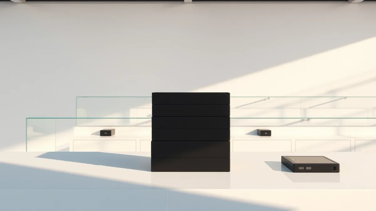 Illustration: A stack of sleek black smartphone boxes sits empty on a minimalist retail counter.
