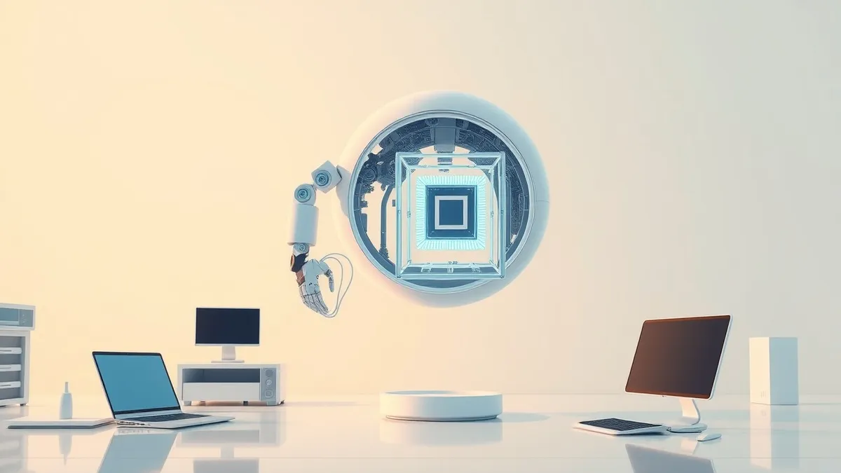 Illustration: A sleek, white spherical robot hovers above a clean laboratory floor.