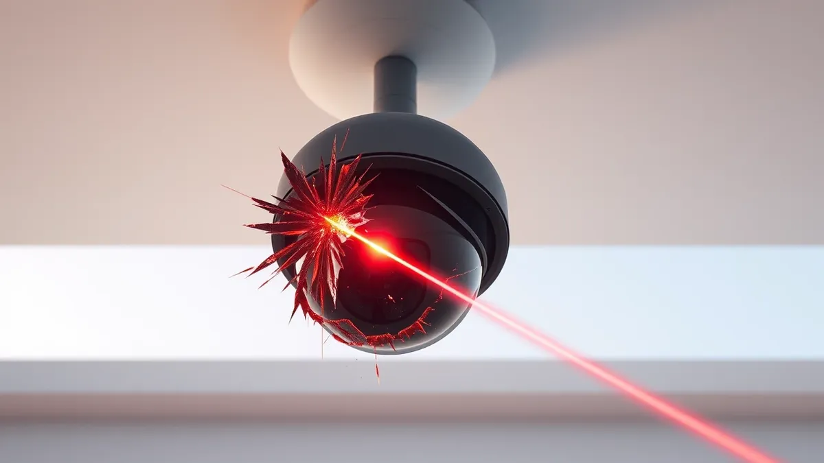 Illustration: A black dome security camera hangs from a white ceiling with its lens shattered by a bright red laser beam.