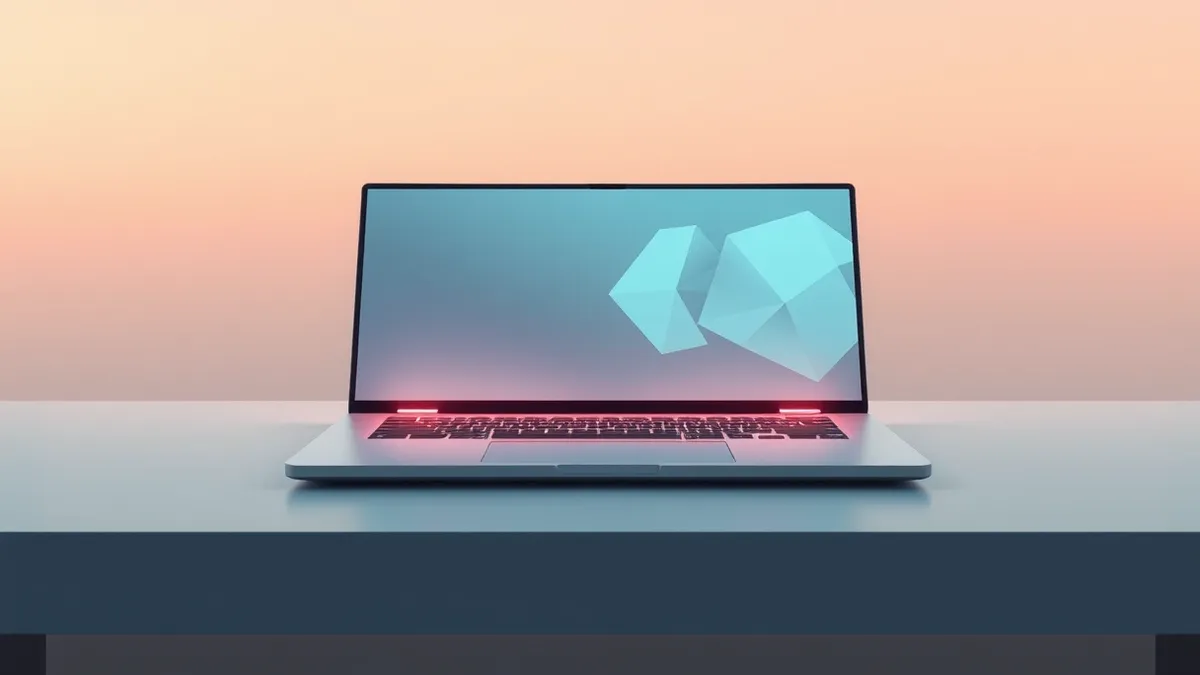 Illustration: A sleek laptop sits open on a clean desk, its lid glowing faintly with abstract geometric patterns that suggest processing power.