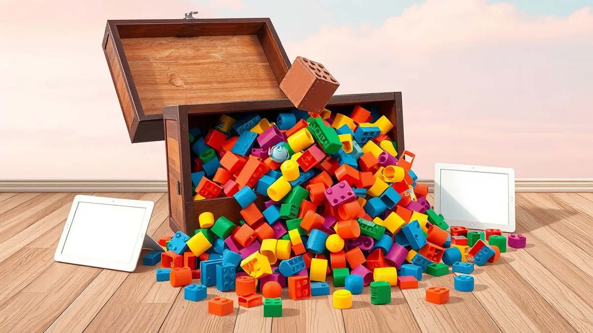 Illustration: A tangled mass of colorful plastic building blocks spills from a cracked, hollow toy chest onto a wooden floor.