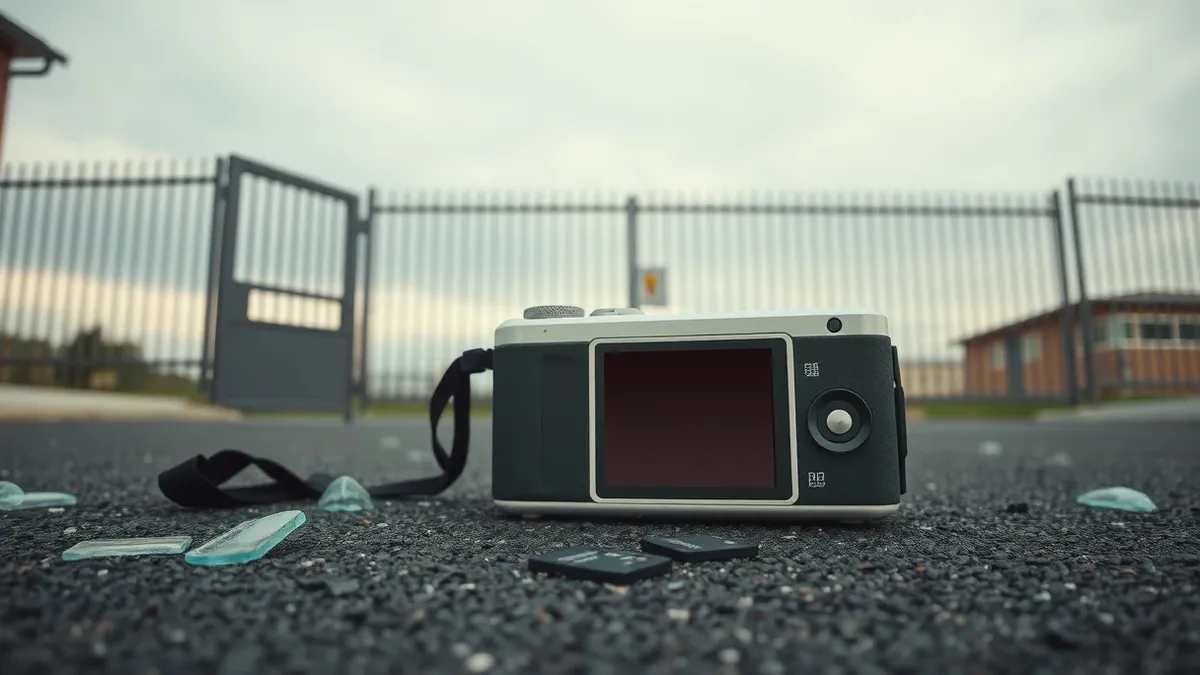 Illustration: A stolen digital camera lies on the asphalt outside a school gate next to scattered glass.