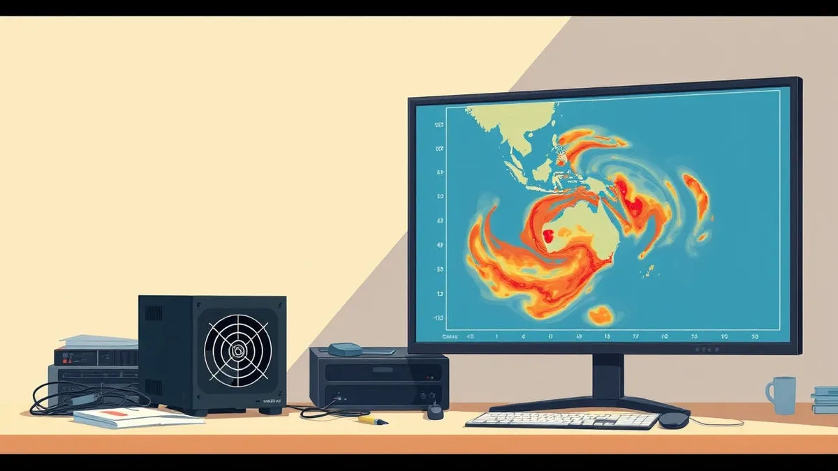 Illustration: A sleek black server unit sits on a cluttered desk, its single cooling fan spinning steadily.