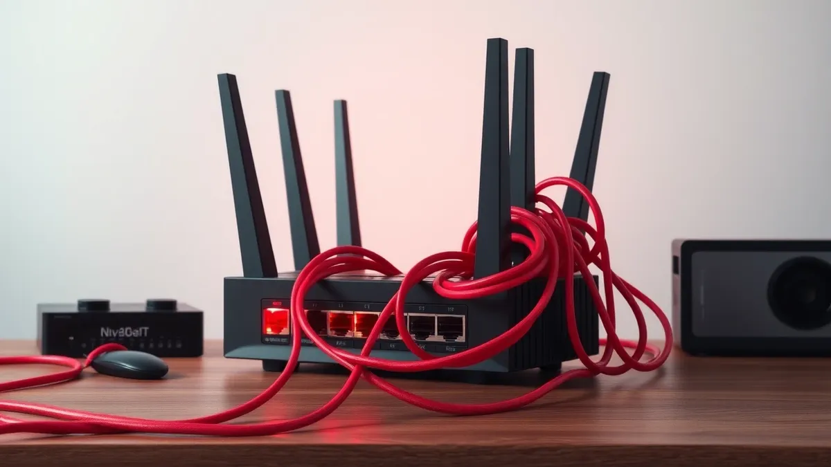 Illustration: A sleek black network router sits on a wooden desk with its status lights blinking urgently in red.