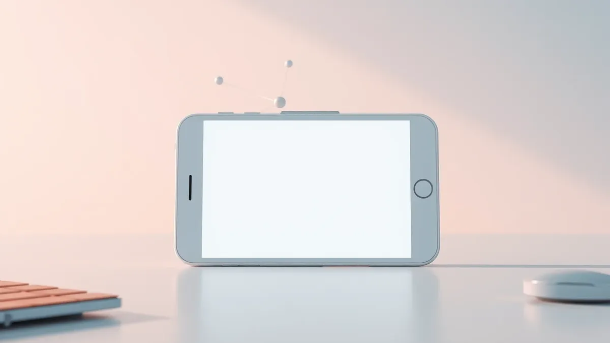Illustration: A sleek white smartphone sits on a clean desk, its blank screen displaying a simplified web browser interface with generic abstract shapes.