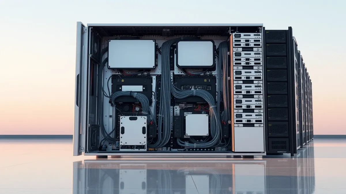 Illustration: A sleek silver server chassis sits open on a polished floor, revealing dense internal wiring and blank expansion slots.