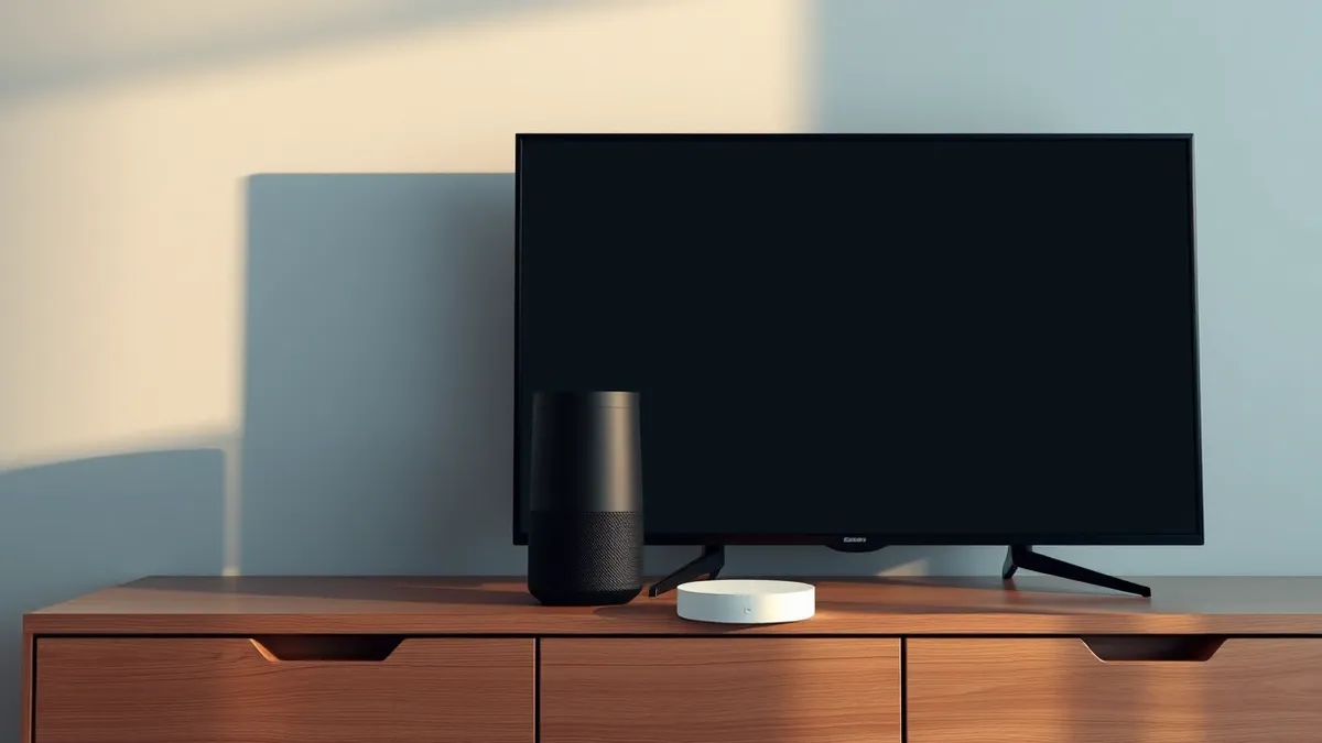 Illustration: A sleek black smart speaker and a matte white home hub sit neatly on a wooden console table beside a thin television with a blank dark screen.