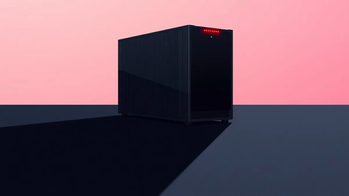Illustration: A sleek black server tower sits on a dark floor, casting a long, jagged shadow that stretches downward like a steep cliff.