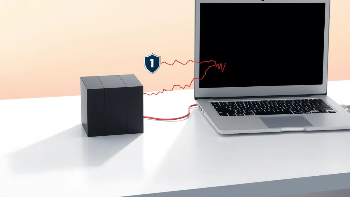 Illustration: A small, dark package box sits on a pristine white desk next to a laptop.