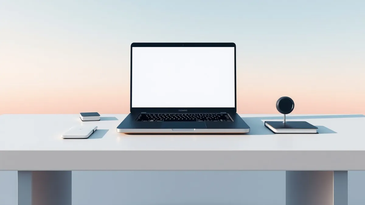 Illustration: A sleek black laptop sits on a white desk with a blank screen displaying abstract blue geometric shields.